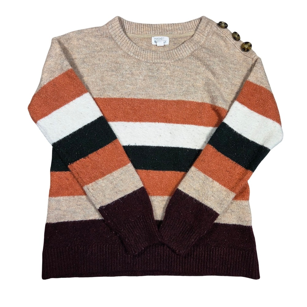 Market & Spruce Womens Medium Striped Button Shoulder Crew Neck Sweater Boho